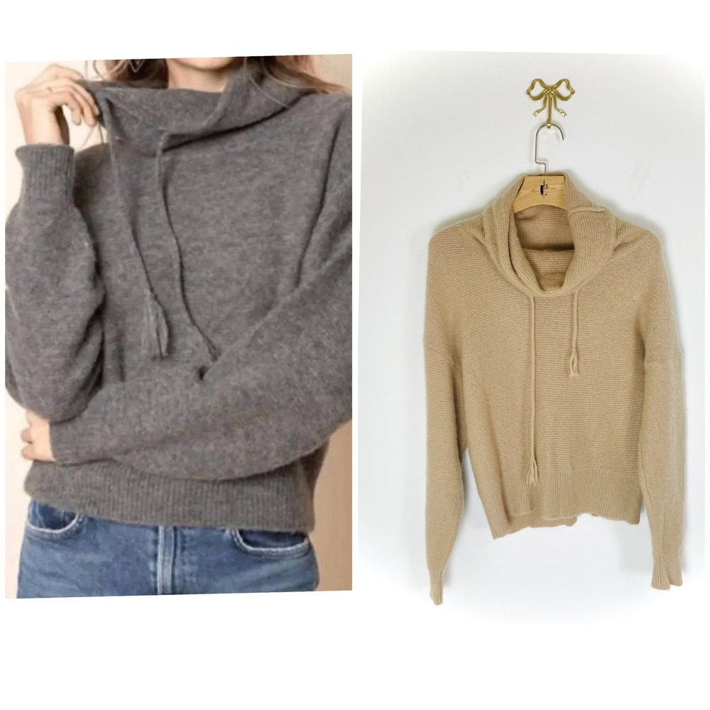 27 Miles Malibu Wool Cashmere Cowl Neck Drawstring Sweater Tan Beige Medium